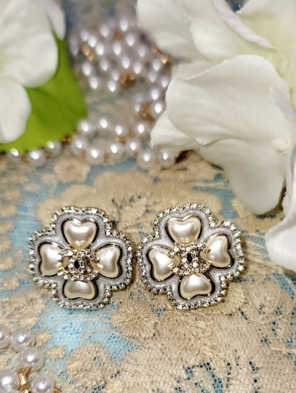 CHANEL Cream Pearl-Effect Flower Earrings with Gold & Crystal Accents